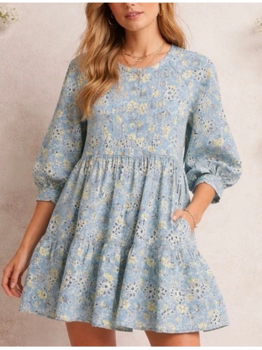 dRA Anthropologie Yara Blue Eyelet Floral Dress Sz XS Cottagecore Feminine Boho